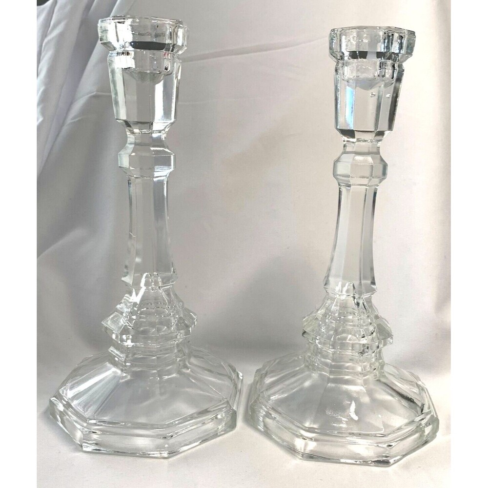 Vintage Crystal Accents Pair Candle Holders 7.5" Hexagon